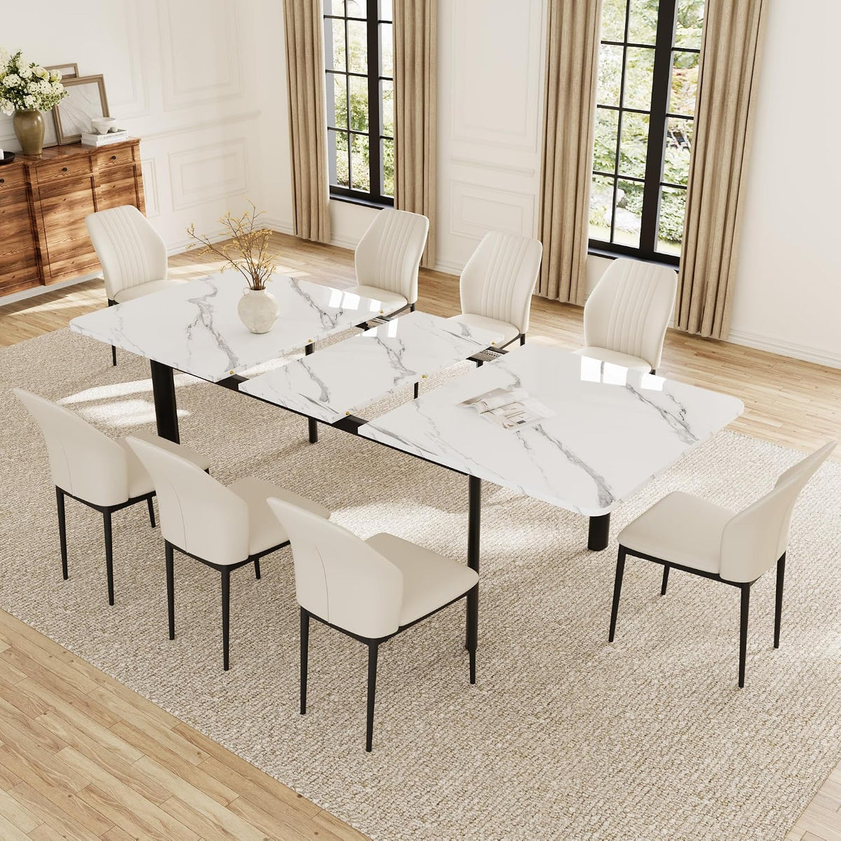 HIPIHOM Extendable Dining Table Set for 6-8 People, 63 to 78.7 Inch MDF Kitchen Table with 8 Faux Leather Dining Chairs, Space-Saving for Dining Room, Breakfast Nook (White Table & 8 White Chairs)