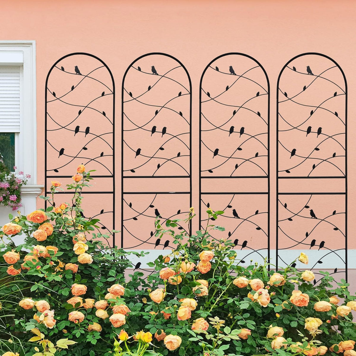 4 Pack Metal Garden Trellis 71" Tall Outdoor Climbing Plant Support for Roses, Flowers, Rustproof Durable Black Galvanized Tube, Lawn Garden Fence Decor Screen (4, Black birds-71 H)