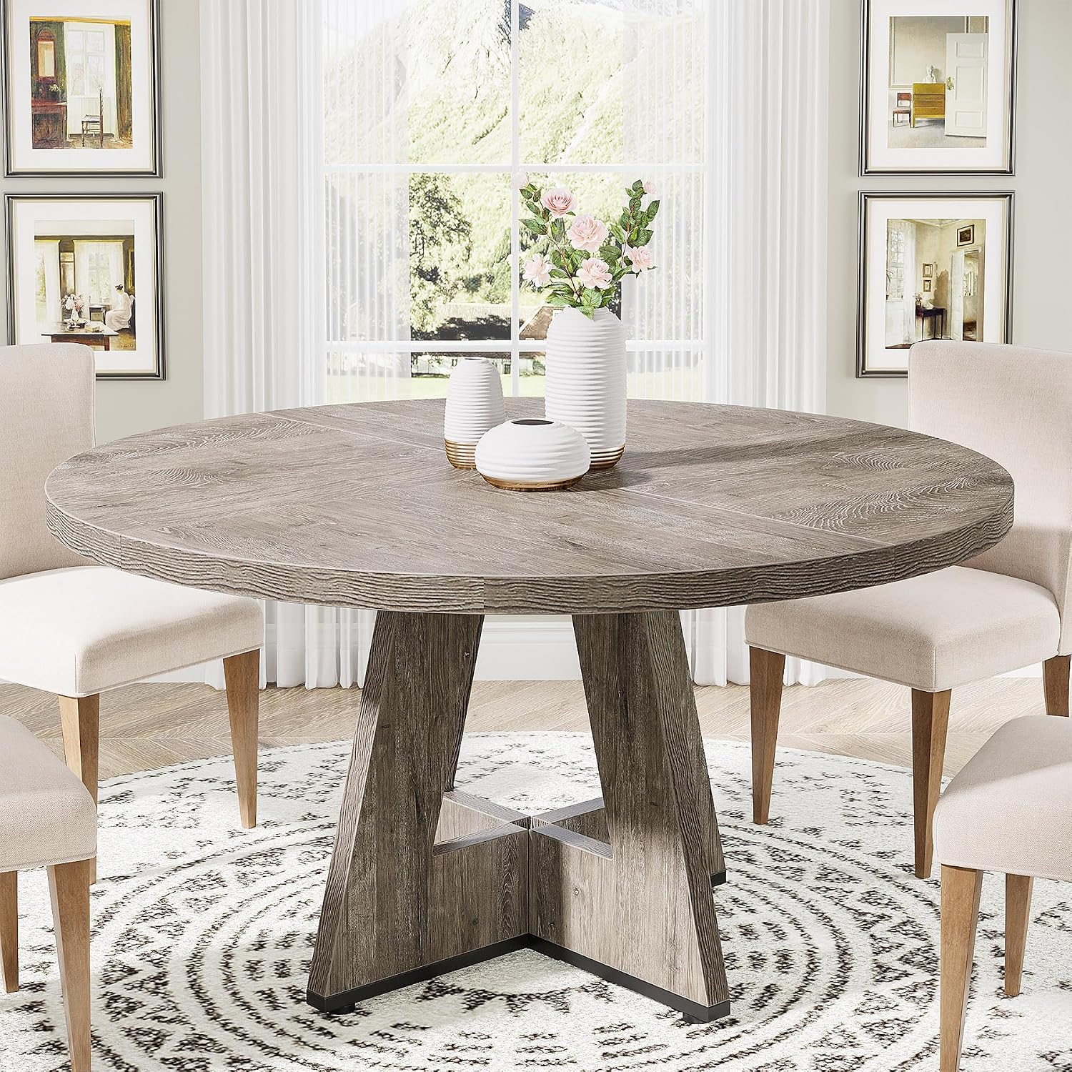 Tribesigns 47 inch Round Dining Table Wood Kitchen Table for Dining Room, 47" Dinner Room Tables for 4-6, Farmhouse Accent Furniture with Wooden Tabletop and Cross Base, Rustic Grey | for Dining Room