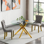 Glass Dining Room Table Set for 2, 47" Circle Glass Dining Table for 2 with Gold Metal Legs, Small Round Dining Table and Chairs Set of 2, 3 Piece Kitchen Table Set for Breakfast Dinette, Light Gray