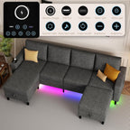 109" Sectional Couch with RGB Lights, U Shaped Couches for Living Room | Wireless Charging, USB & Type-C Port, Storage Ottoman, Reversible Chaise Lounge, Linen Fabric, Dark Grey, for Apartment
