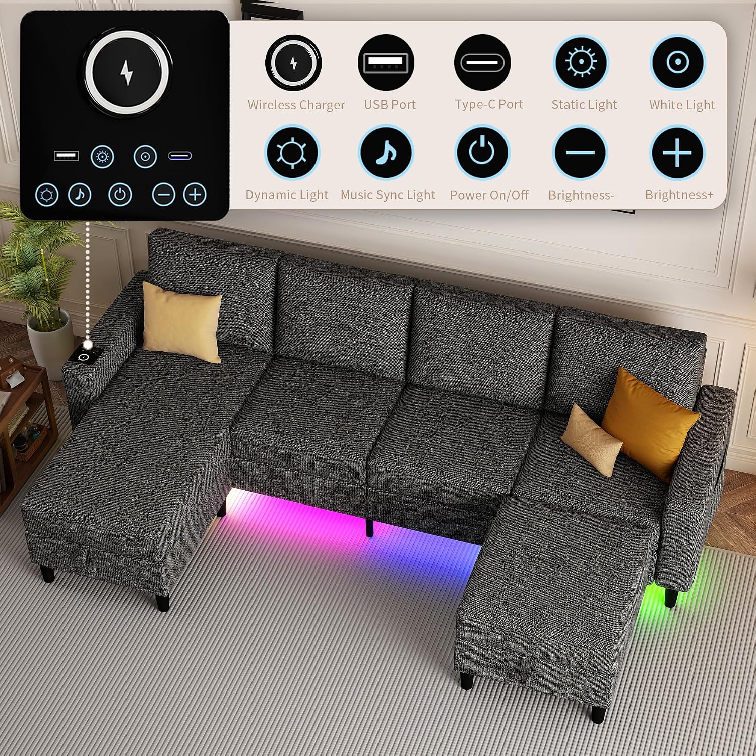 109" Sectional Couch with RGB Lights, U Shaped Couches for Living Room | Wireless Charging, USB & Type-C Port, Storage Ottoman, Reversible Chaise Lounge, Linen Fabric, Dark Grey, for Apartment