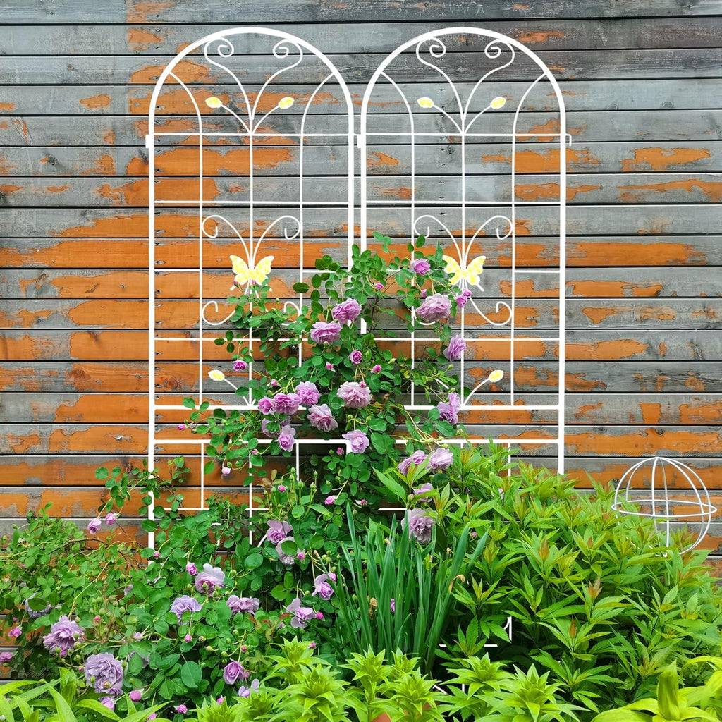 2 Pack Metal Garden Trellis 86.7" Black Fence Rustproof Garden Trellis for Climbing Plants Support Roses Flower Outdoor Lawn, Cream White