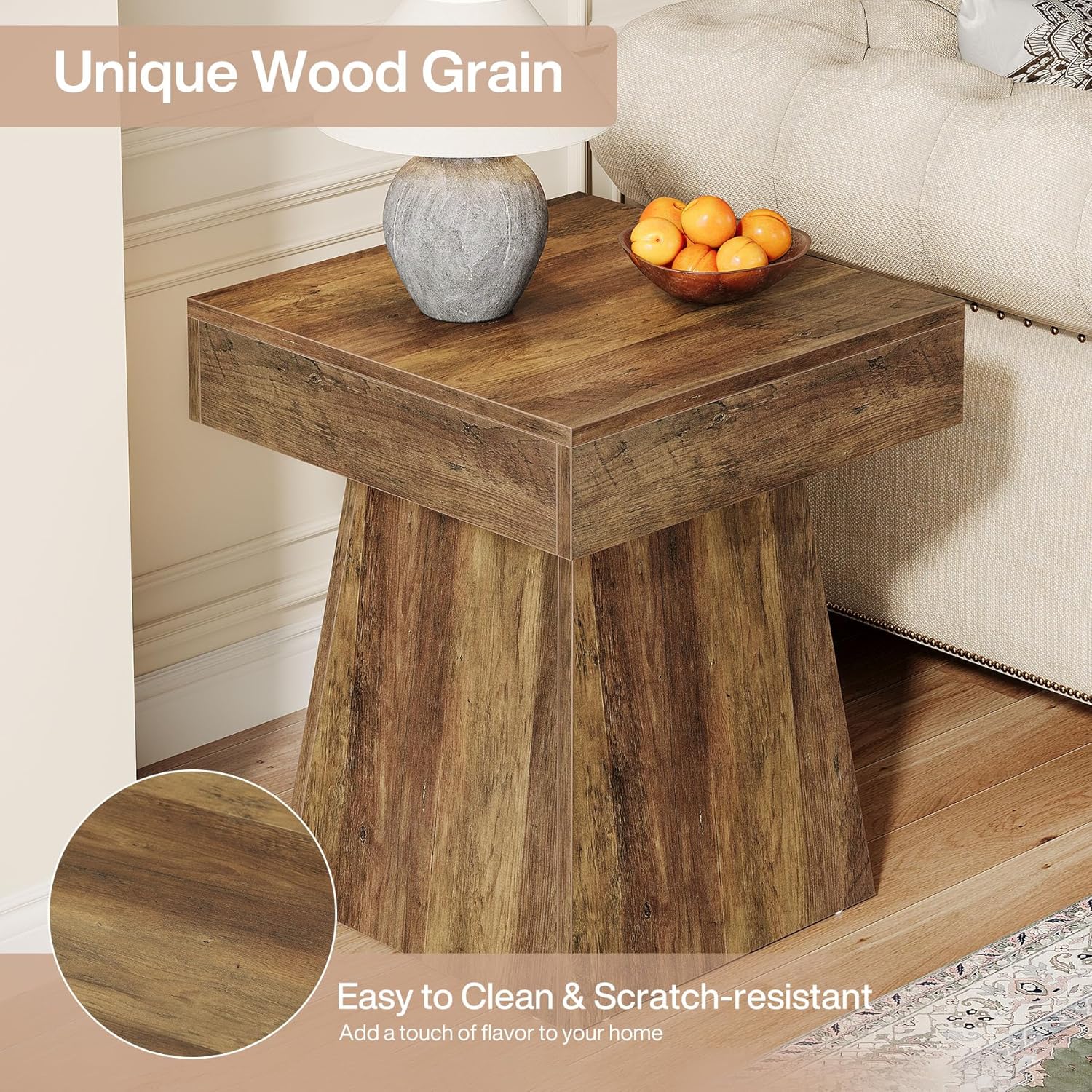 Tribesigns Small End Table, Rustic Square Side Table with Wide Base, Farmhouse Small Nightstand Beside Bed, Next to Armchair, for Living Room, Brown