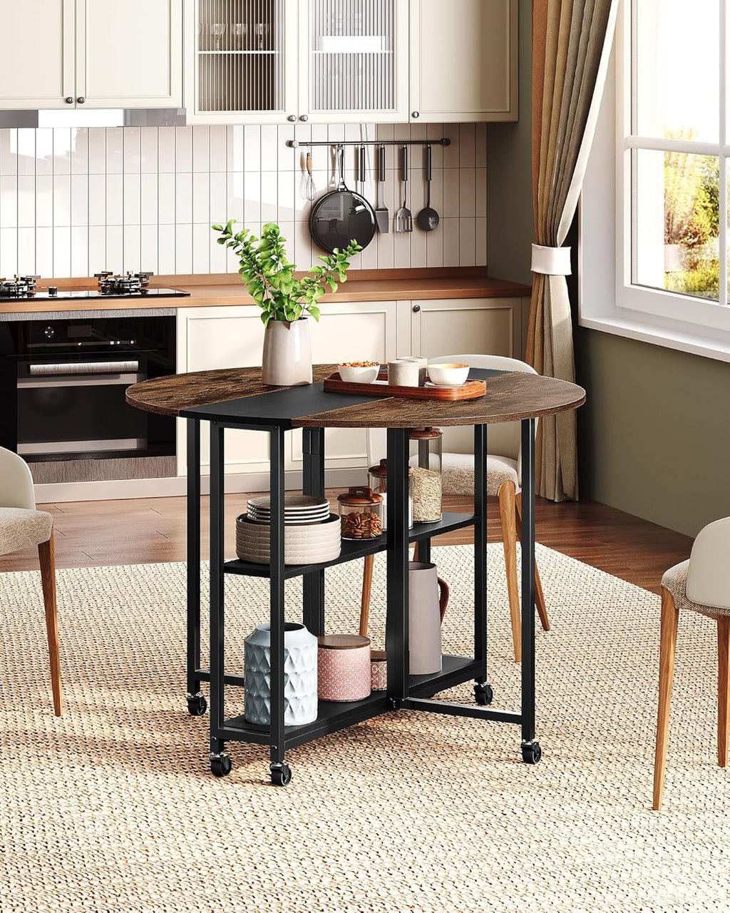 CHOEZON Folding Dining Table, Kitchen Table with 6 Wheels, Folding Round Table with 2-Layer Storage Shelf, Space Saving Dining Table for Small Spaces, Stable, Easy Assembly, Rustic Brown TCZ03BF