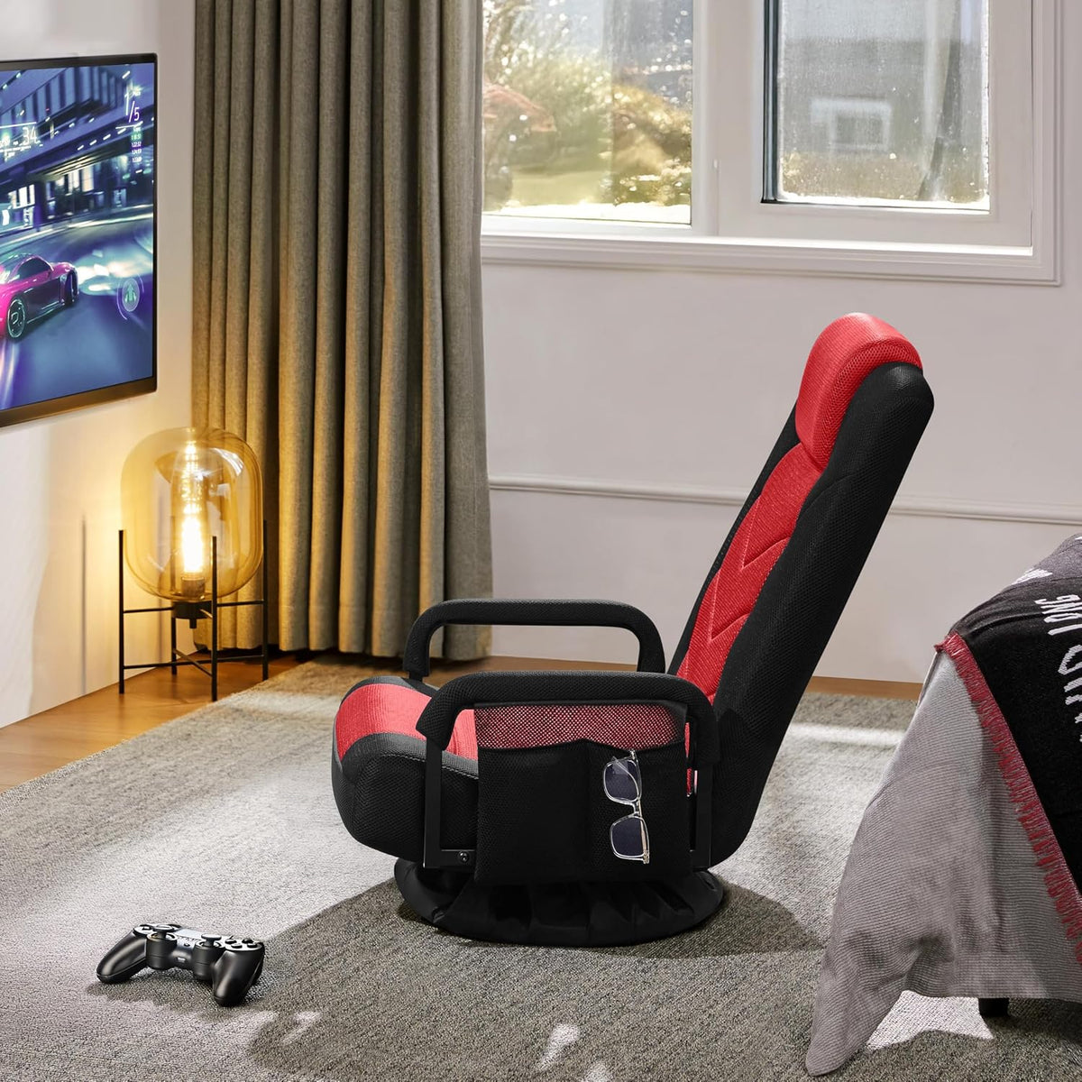 Yaheetech Floor Gaming Chair High-Back Swivel Adjustable Folding Seat Red | Foam-padded polyester mesh seat on an iron frame swivels 360°, reclines for gaming or TV, and folds flat for easy storage.