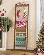 Hzuaneri Blanket Ladder Shelf, Decorative Quilt Rack, 7-Tier Farmhouse Ladder Holder Organizer with 4 Removable Hooks 7.9" D x 17.3" W x 66.9" H, Rustic Brown BR36801B