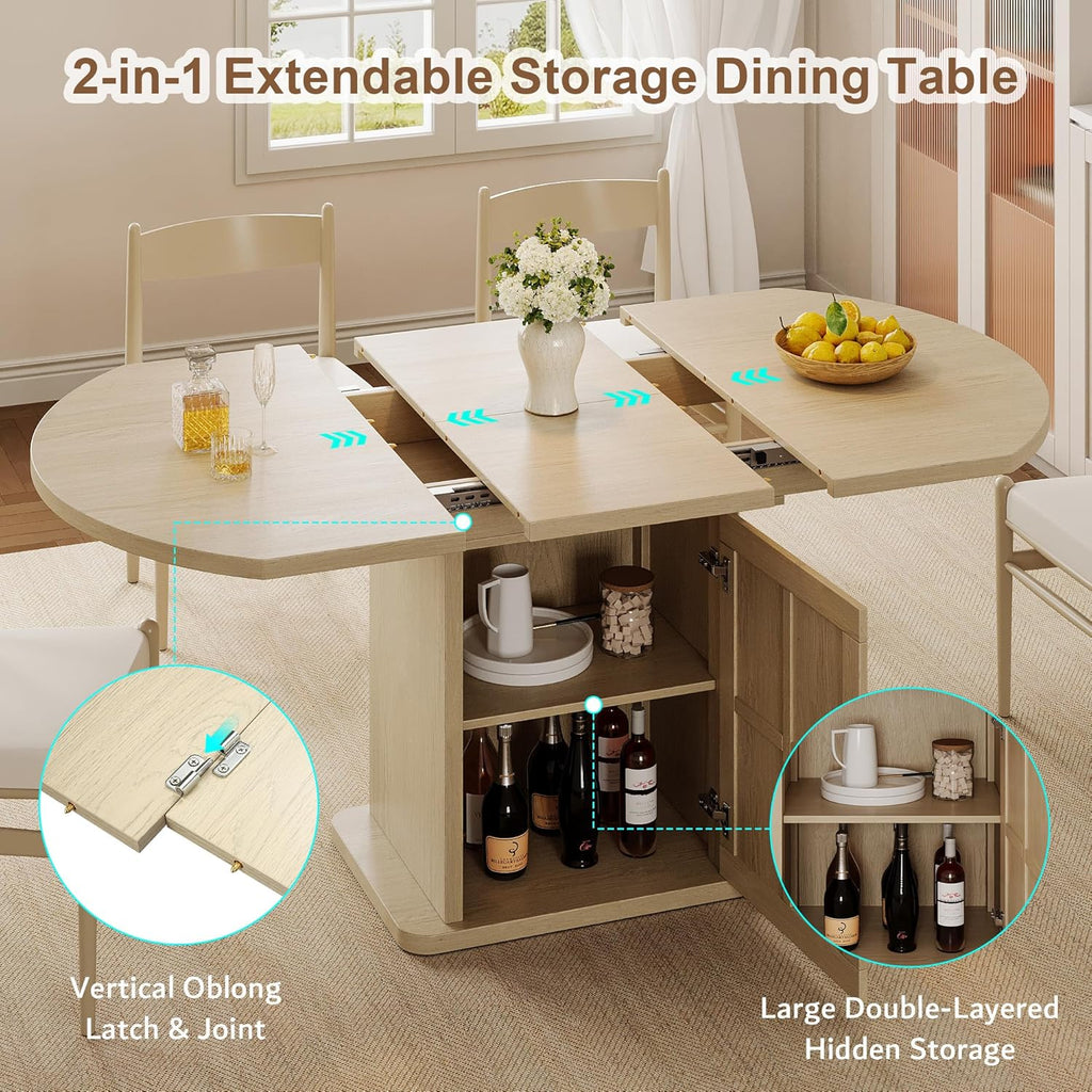 iPormis Round Dining Table for 4-6, 59'' Extendable Dining Room Kitchen Table with 2-Tier Storage Shelf, Wood Dinner Table with Door & Pedestal Base, for Kitchen Living Room, Space Saving, Natural
