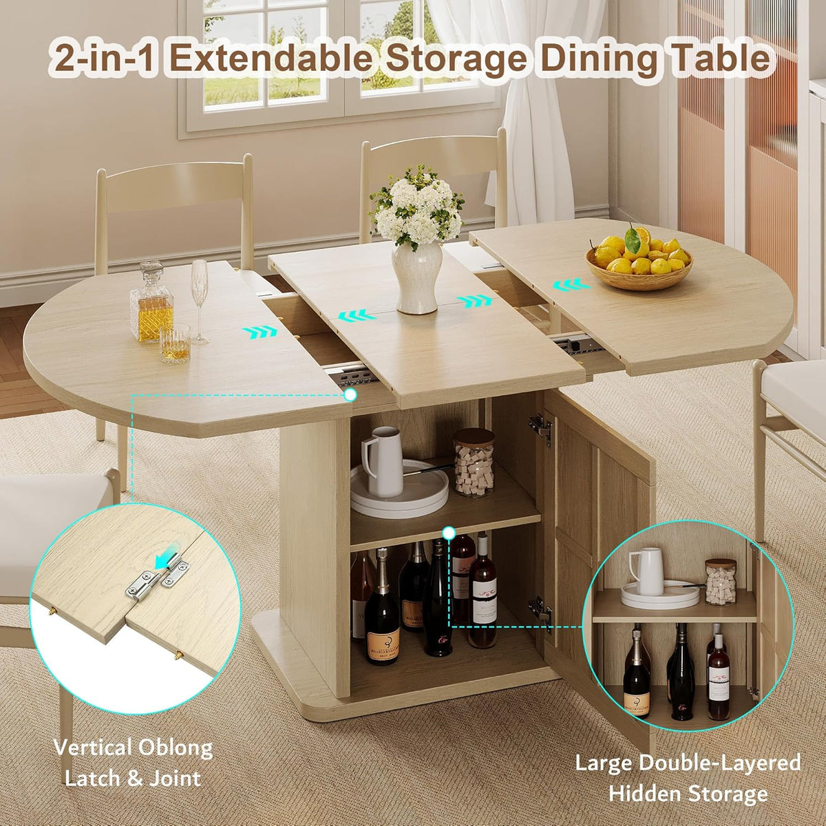 iPormis Round Dining Table for 4-6, 59'' Extendable Dining Room Kitchen Table with 2-Tier Storage Shelf, Wood Dinner Table with Door & Pedestal Base, for Kitchen Living Room, Space Saving, Natural