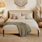 LIKIMIO Natural Rattan Queen Bed Frame with Wooden Headboard