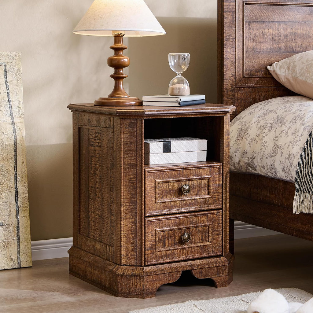 T4TREAM Farmhouse Nightstand Set of 2 with Charging Station, 18" End Table with 2 Drawers, Wood Side Table, Bedside Cabinet for Bedroom, Living Room (Brown)