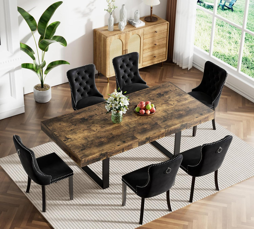 63"-78.7" Extendable Dining Table Set of 6, Rustic Brown Kitchen Dining Table & 6 Upholstered Velvet Chairs with Wood Leg, Modern 7 Piece Wood Expandable Kitchen Table Set