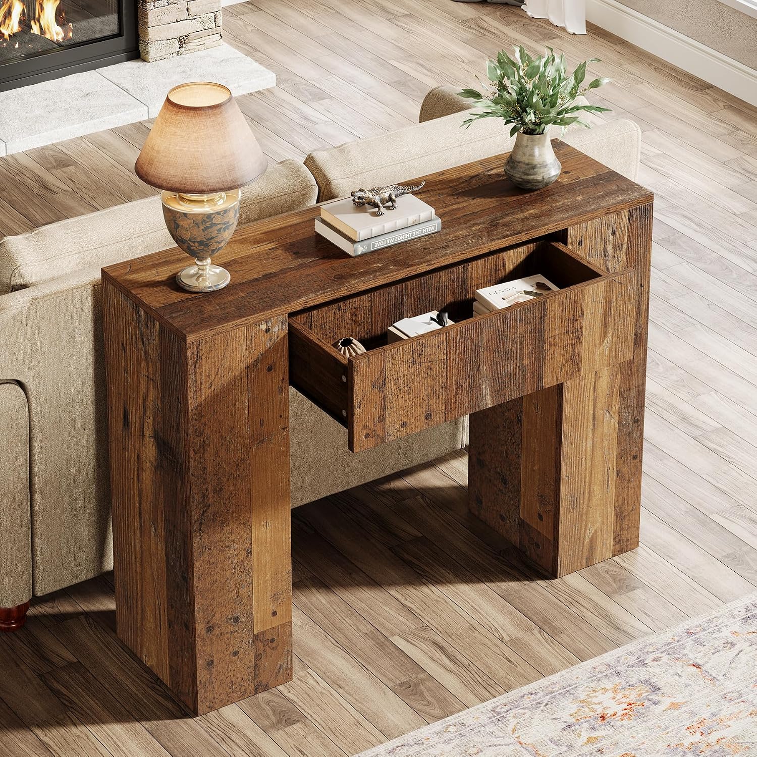Tribesigns 39'' Farmhouse Console Table, Narrow Sofa Entryway Table with Drawer, Small Wooden Entrance Table for Living Room, Hallway, Foyer, Distressed Brown
