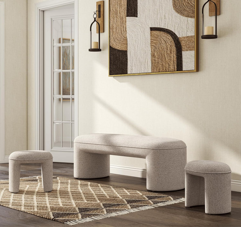 Hyfirm 3-Pieces Modern Upholstered Ottoman Waterfall Bench for Bedroom End of Bed, 53" Chenille Entryway Bench Sets, Comfy Indoor Narrow Window Bench Bed Stool Living Room Bedroom, Oatmeal