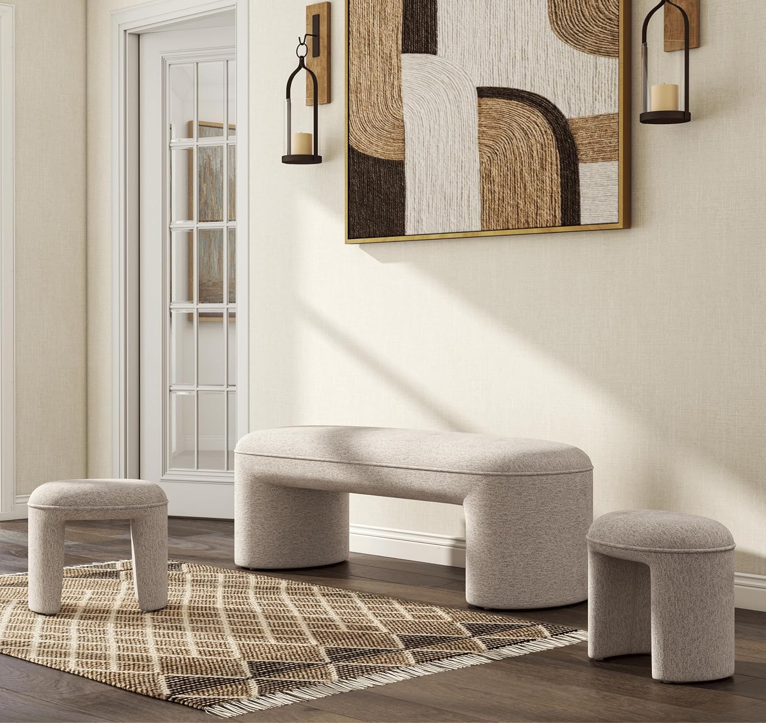 Hyfirm 3-Pieces Modern Upholstered Ottoman Waterfall Bench for Bedroom End of Bed, 53" Chenille Entryway Bench Sets, Comfy Indoor Narrow Window Bench Bed Stool Living Room Bedroom, Oatmeal