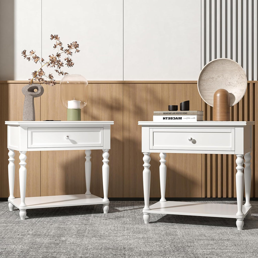 Solid Wood Nightstand with Charging Station, Traditional End Table with Drawers and Open Shelf, Bedside Table with Storage, Modern Side Table for Bedroom Set of 2, White