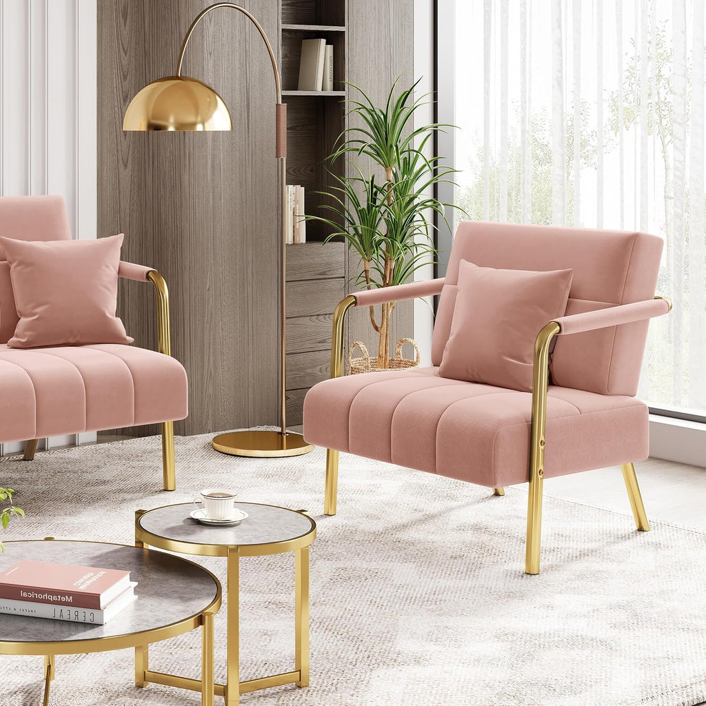 Yaheetech 30" Accent Chair Velvet Armchair with Golden Frame, Pink | Velvet Accent Chair Oversized Armchair Living Room Chair with Gold-Tone Metal Frame for Living Room, Home Office, Bedroom