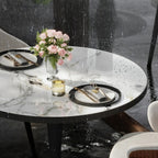 Wisfor Kitchen Dining Table Coffee Table: Round 30 Inch Sintered Stone High Gloss White Tabletop Dinner Tables with Black Round Pedestal Base for Home Bar Shop Restaurant