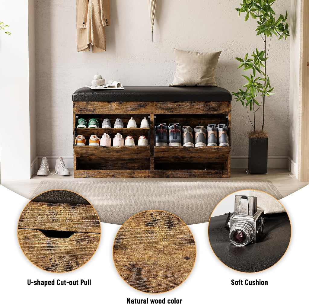 40" Shoe Storage Bench with 2 Flip Drawers & Padded Seat Cushion, Shoe Cabinet with Lift Top Storage Box, Shoe Bench Shoe Organizer for Entryway, Hallway, Living Room, Vintage Brown