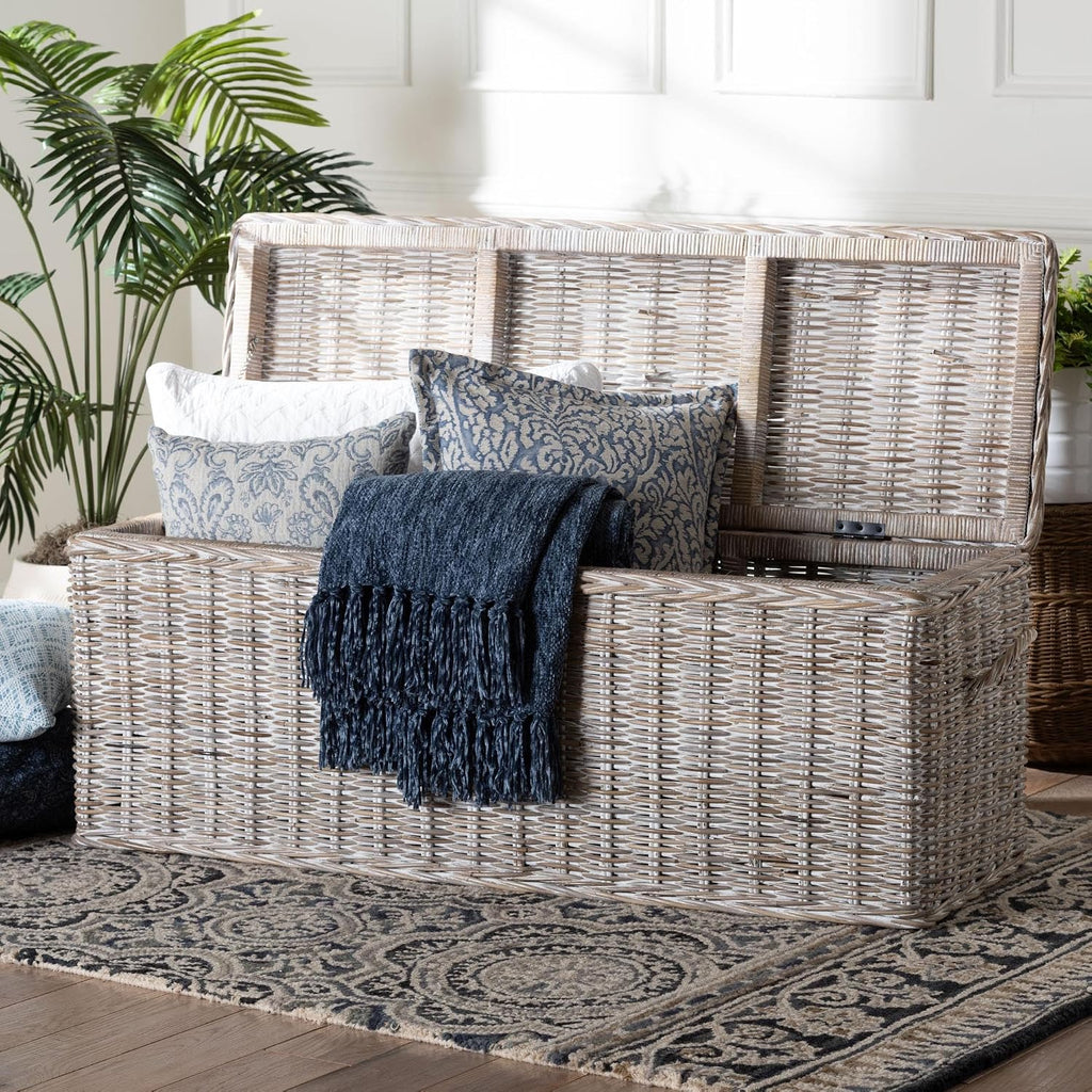 Bali & pari Clarette Whitewashed Rattan Storage Bench