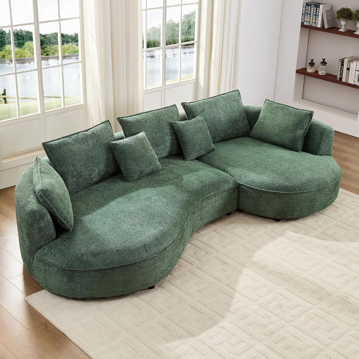 125” Curved Boucle Sofa,Modern 5-Seater L-Shape Sectional Couch with Chaise and Memory Foam,Modular Oversized Teddy Sofas for Living Room,Bedroom,Apartment (Right Facing,Green)