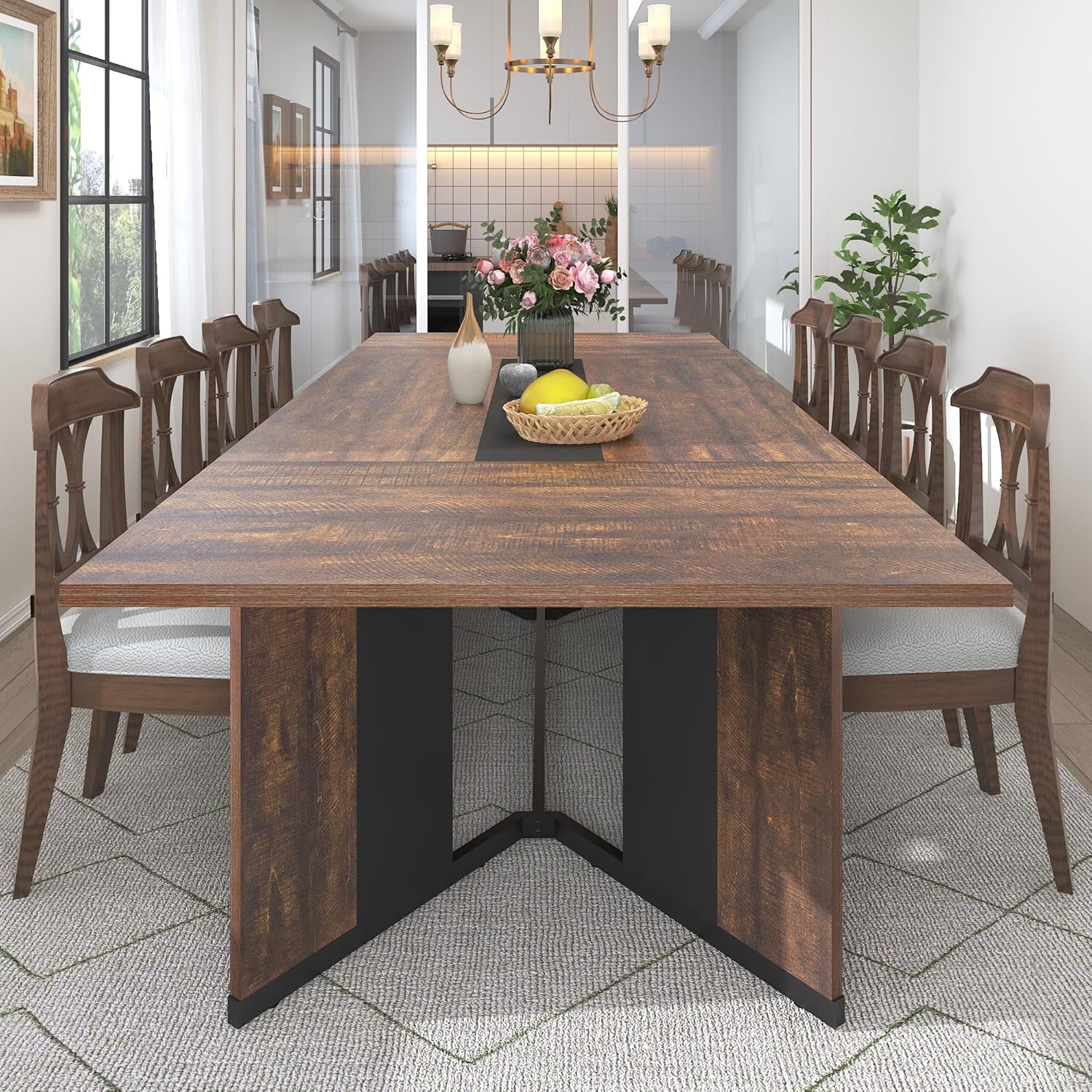 Hlivelood 94Inch Large Dining Table for 8 10 People,Wooden Rectangular Kitchen Table W/Waterproof Tabletop,Large Rectangle Furniture W/Adjustable Legs,Brown Dinner Table for Kitchen Dining Room(94IN)
