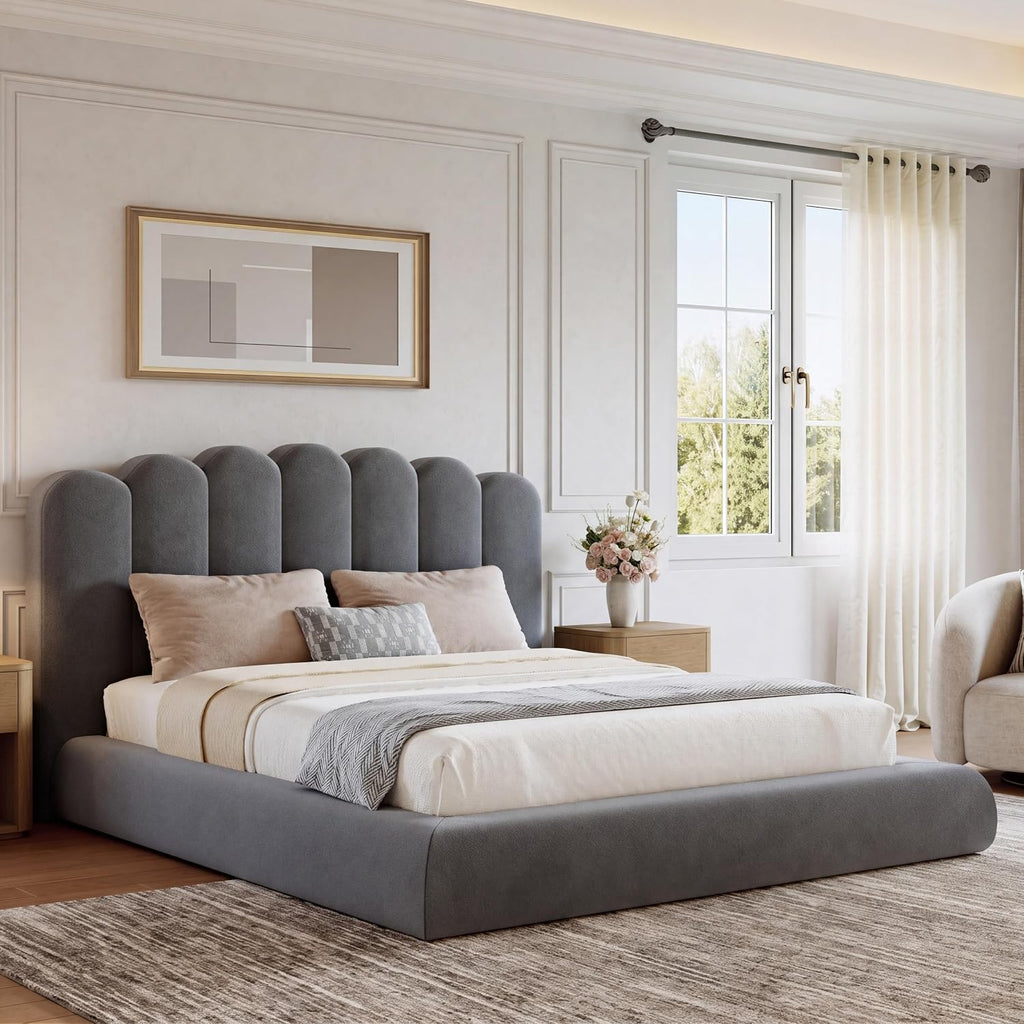 Queen Size Cloud Bed Frame with Wave Headboard, Plush Foam Upholstered Platform, Soft Rounded Safety Corners, No Box Spring Required, Noise-Free, Easy Assembly, Grey
