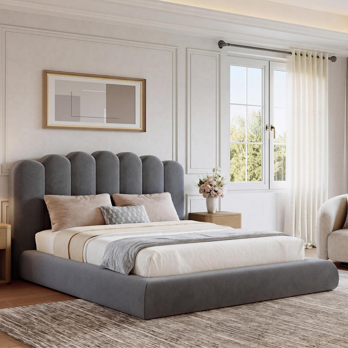 Queen Size Cloud Bed Frame with Wave Headboard, Plush Foam Upholstered Platform, Soft Rounded Safety Corners, No Box Spring Required, Noise-Free, Easy Assembly, Grey