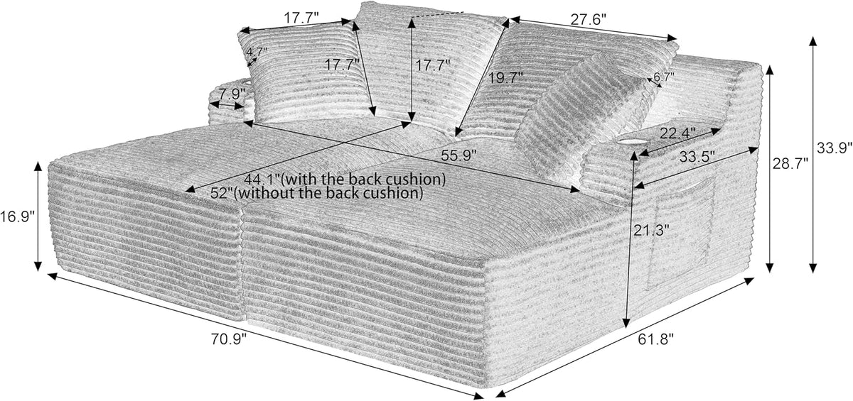 Eafurn Oversized Double Chaise Lounge Indoor with Cup Holders & Side Pocket, 71" Plush Corduroy Floor Chaise Lounge Sofa with High Density Sponge & Deep High Seat Comfy Sleeper Couch Bed