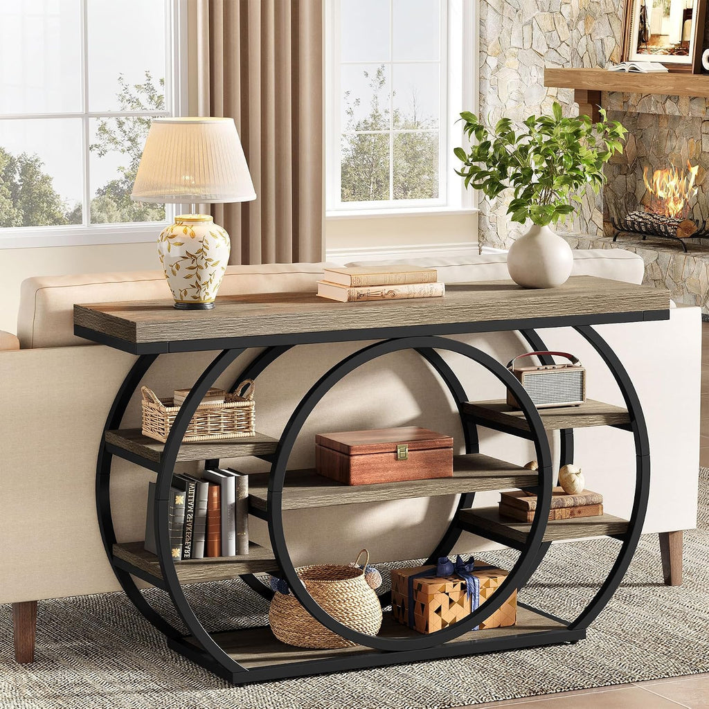 Tribesigns 47" Industrial Entryway Table with Staggered 5-Tier Shelf | Narrow Console with Metal Frame, 5-Tier Sofa Table for Living Room Entryway, Hallway, Foyer, Gray