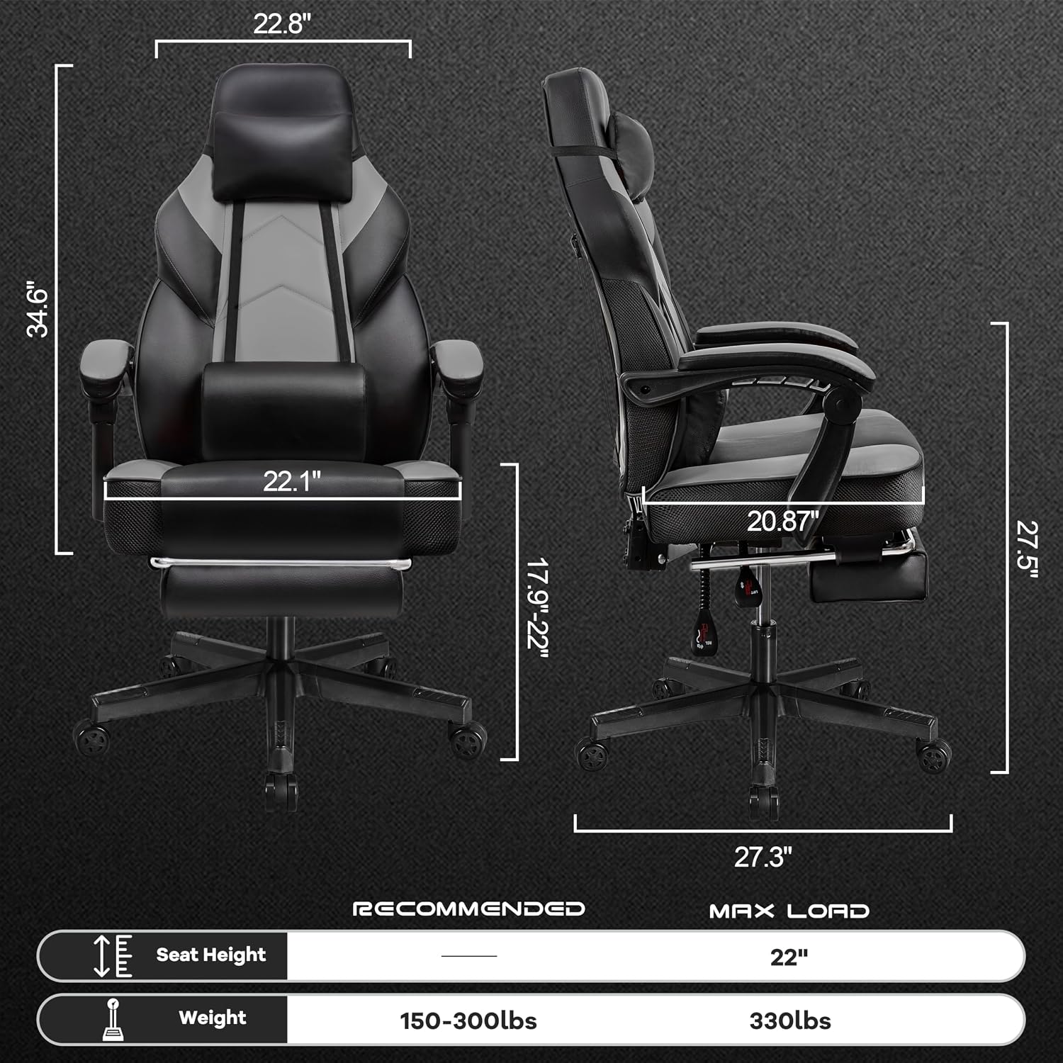 Gaming Chair for Adult, Computer Chair with Footrest Video Game Chair Big and Tall Gaming Chair with Massage Lumbar Support, Adjustable Height and 360° Swivel Seat(Grey)