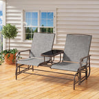 Yaheetech Outdoor Glider Bench Patio Loveseat with Table, Gray | Steel frame, Texteline fabric and tempered glass table provide comfort, easy assembly, and roomy two-person outdoor seating.