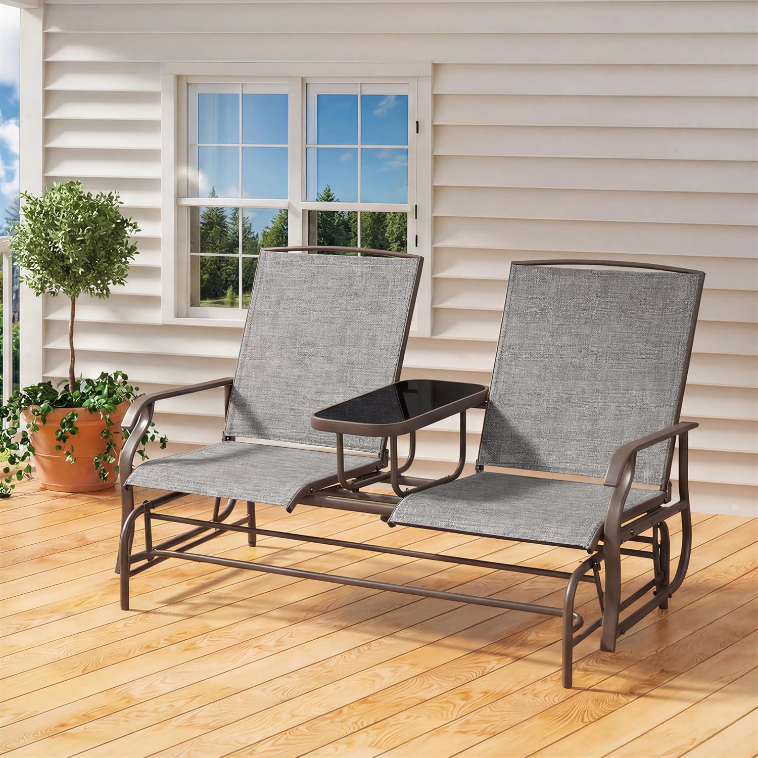 Yaheetech Outdoor Glider Bench Patio Loveseat with Table, Gray | Steel frame, Texteline fabric and tempered glass table provide comfort, easy assembly, and roomy two-person outdoor seating.