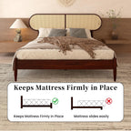 Queen Size Solid Wood Bed Frame, Rattan Boho Headboard, Dark Walnut