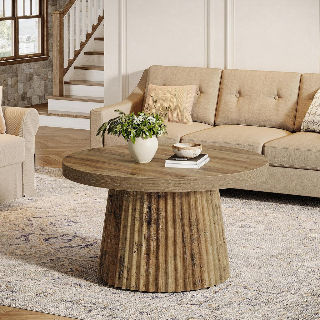 Tribesigns 31.5" Round Coffee Table, Modern Fluted Drum Coffee Tables for Living Room, Wood Farmhouse Boho Accent Pedestal Center Table for Apartment, Small Space, Brown