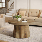 Tribesigns 31.5" Round Coffee Table, Modern Fluted Drum Coffee Tables for Living Room, Wood Farmhouse Boho Accent Pedestal Center Table for Apartment, Small Space, Brown