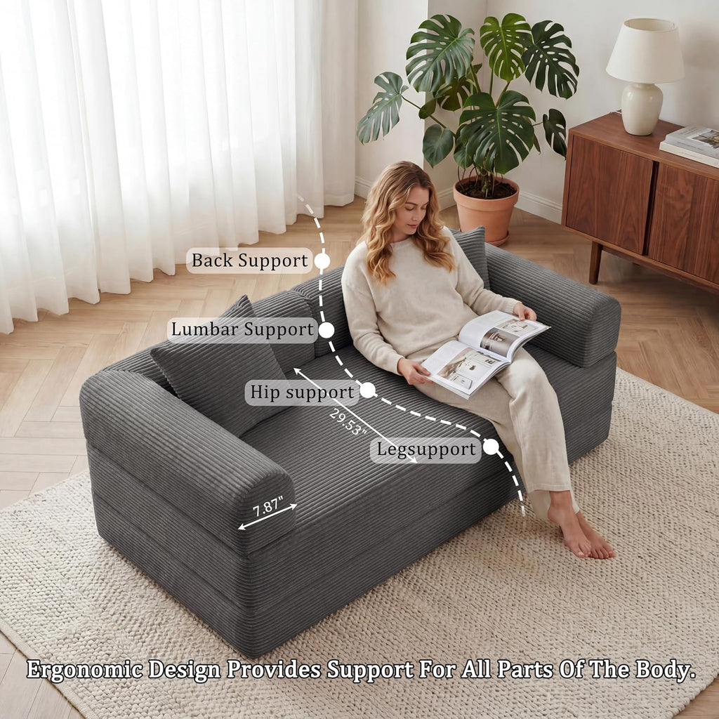 Futon Sofa Bed Modular Loveseat Sleeper Folding Pull Out Couch with Pillows, No Assembly Required Couch for Living Room Bedroom Guest Room (Grey, 59.06" Loveseat Sofa)