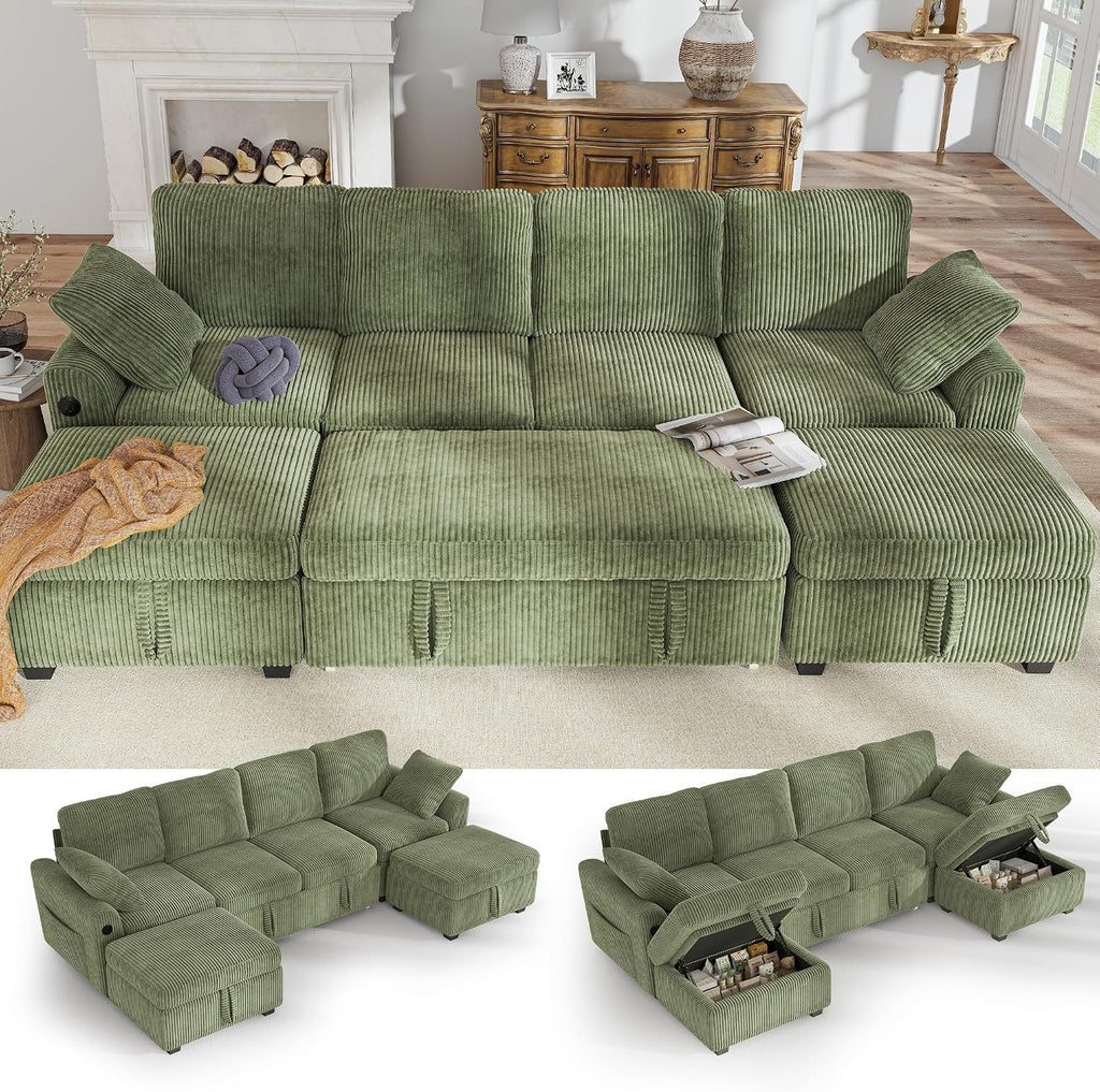 Hanherry 104" Sectional Sofa with Pull Out Couch Bed,Corduroy 4 Seater Sleeper Sofa with Storage Ottoman & USB Charging,Comfy U Shaped Modular Couches for Living Room,Apartment
