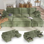 Hanherry 104" Sectional Sofa with Pull Out Couch Bed,Corduroy 4 Seater Sleeper Sofa with Storage Ottoman & USB Charging,Comfy U Shaped Modular Couches for Living Room,Apartment