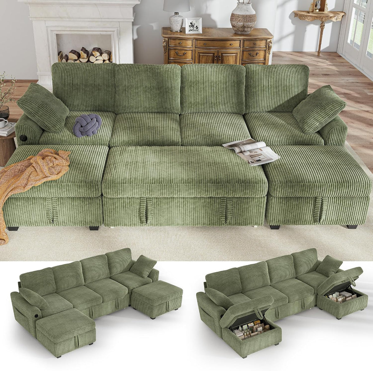 Hanherry 104" Sectional Sofa with Pull Out Couch Bed,Corduroy 4 Seater Sleeper Sofa with Storage Ottoman & USB Charging,Comfy U Shaped Modular Couches for Living Room,Apartment