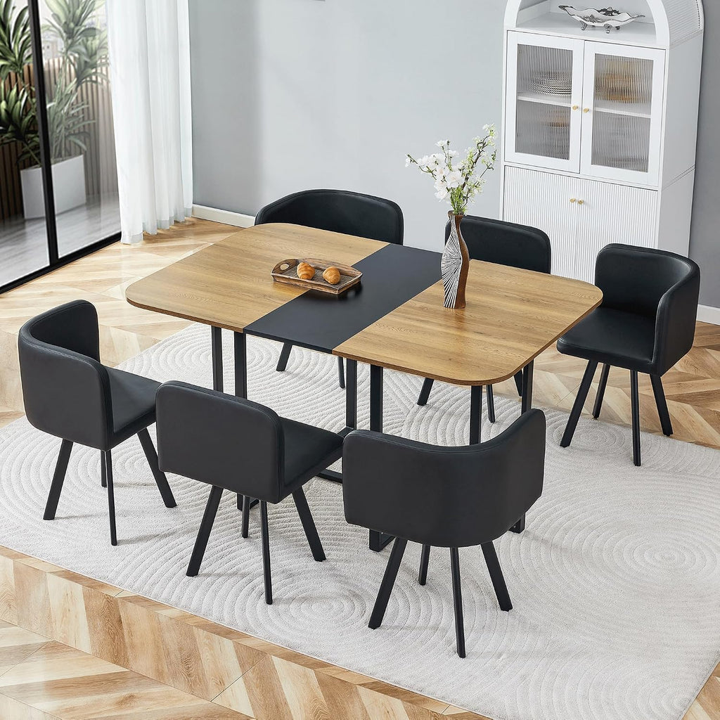 Dining Table Set for 6, 60" Faux Marble and Wood Kitchen Table with 6 PU Leather Chairs,Modern Retangular Dining Table Set for Kitchen,Living Room (Black, Wood+Black Table Set)