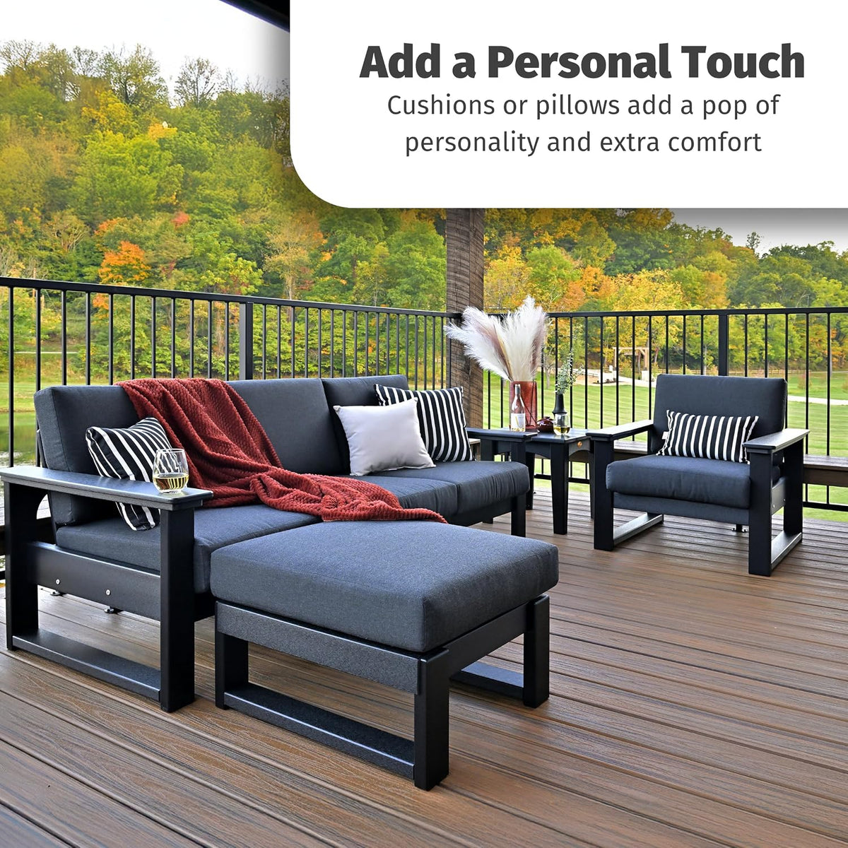 LuxCraft Poly Lanai Deep Seat Cushioned Outdoor Ottoman Table Padded Footrest Foot Stool for Outside Patio Deck Pool Porch Garden - USA Amish Made (Black, Canvas Fabric)