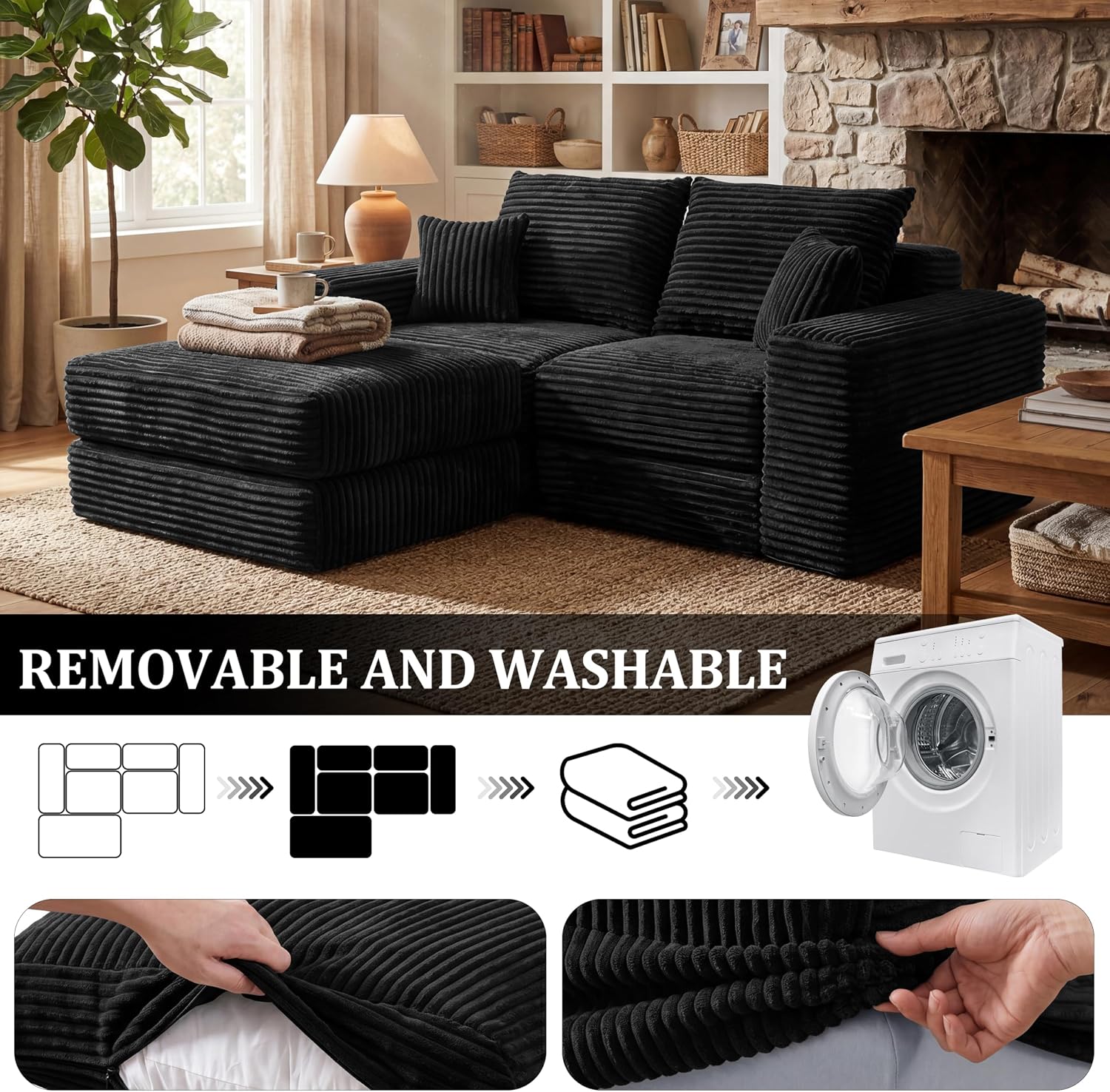 Cloud Modular Sectional Sofa, Comfy Couch with Non Slip Base, Modern L-Shaped Couch with Chaise, Customizable Sleeper Sofa for Living Spaces, No Assembly & Deep Seat (Black)
