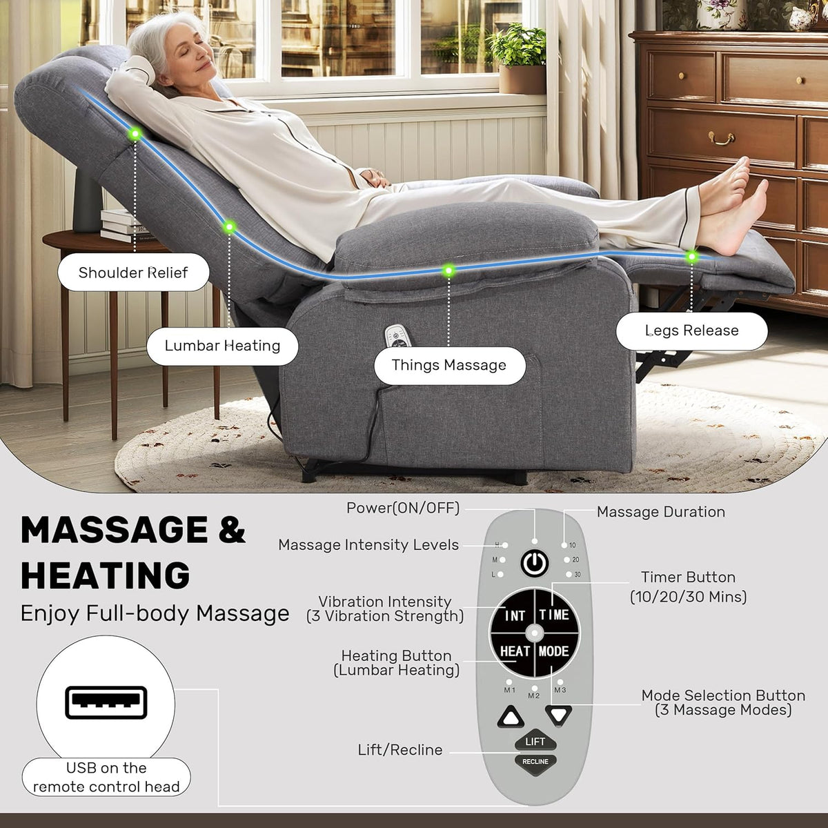 jonpony Power Lift Recliner Chair for Elderly, Big and Tall Lift Chair with Massage and Heat for Living Room, Fabric Electric Recliner Chairs with 4 Side Pockets, USB Charge Port, Grey