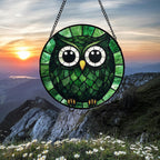 Stained Glass Window Hanging - Green Owl Suncatcher for Doors Garden Patio Funny Bird Sun Catchers Decor Christmas Mother's Day Birthday Teenager Gifts for Women Men Mom Nana Friend 7.8 in