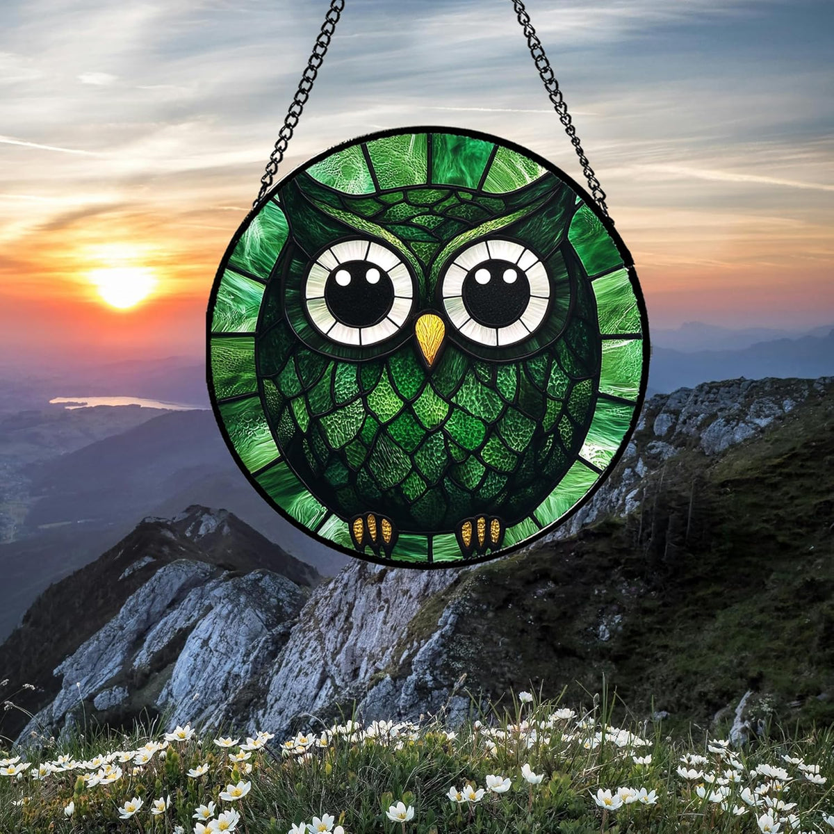 Stained Glass Window Hanging - Green Owl Suncatcher for Doors Garden Patio Funny Bird Sun Catchers Decor Christmas Mother's Day Birthday Teenager Gifts for Women Men Mom Nana Friend 7.8 in