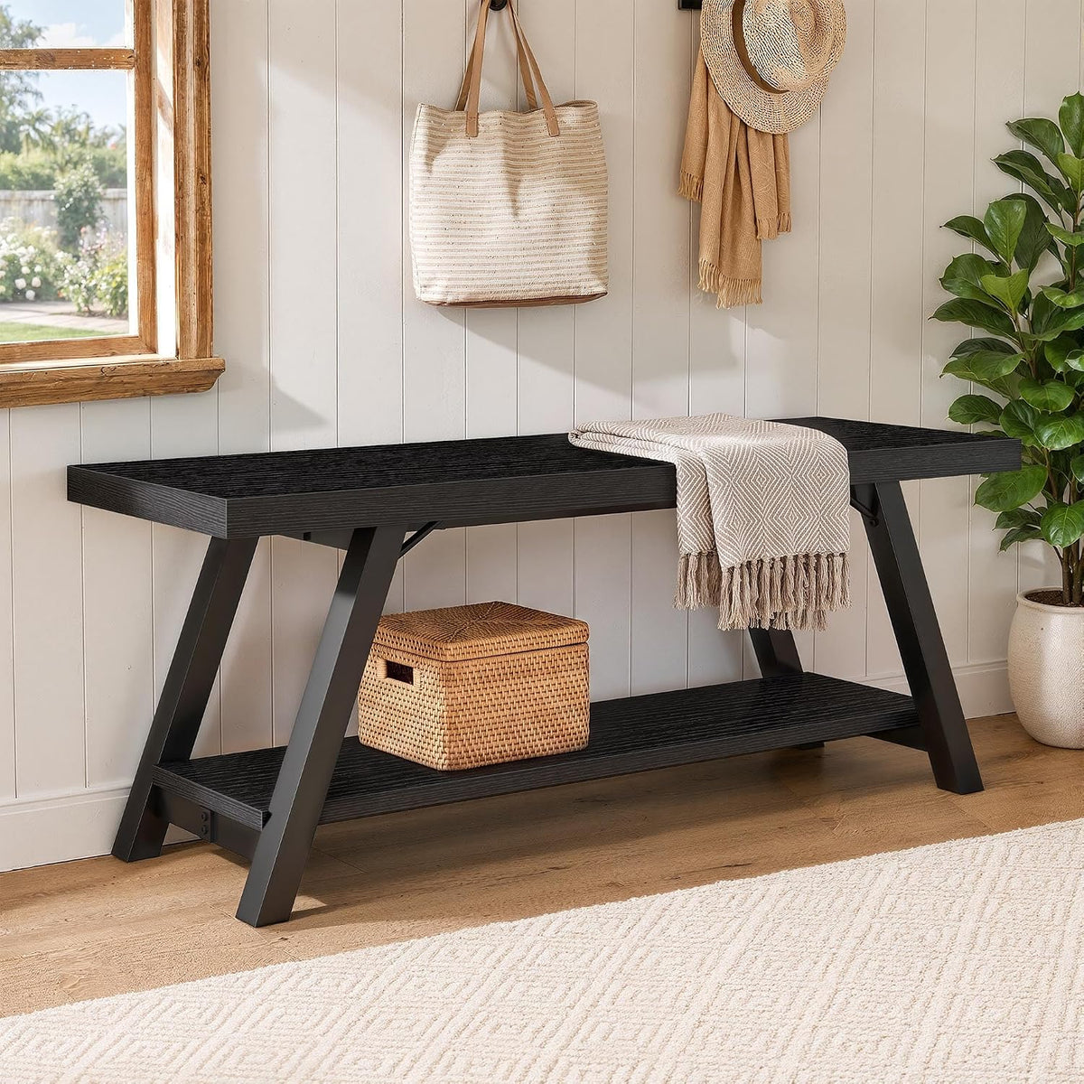 LVB Black Entryway Bench with Storage, Wood Bench for Entryway, 47 in