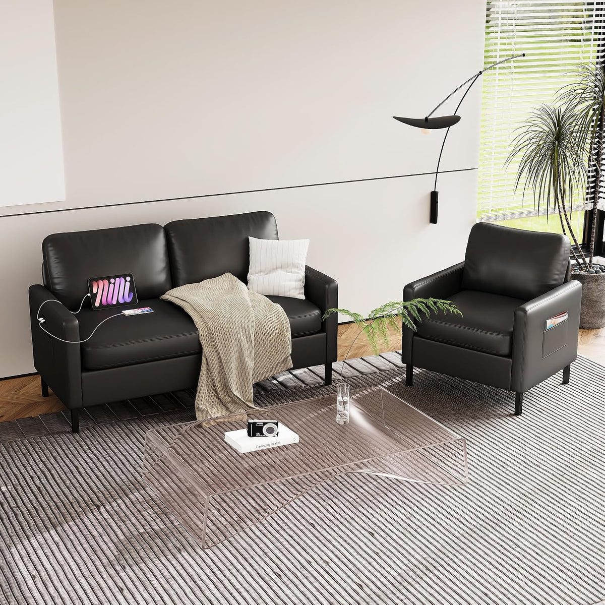 Black Faux Leather Accent Chairs Set of 2 with Arms, Waiting Room, Modern
