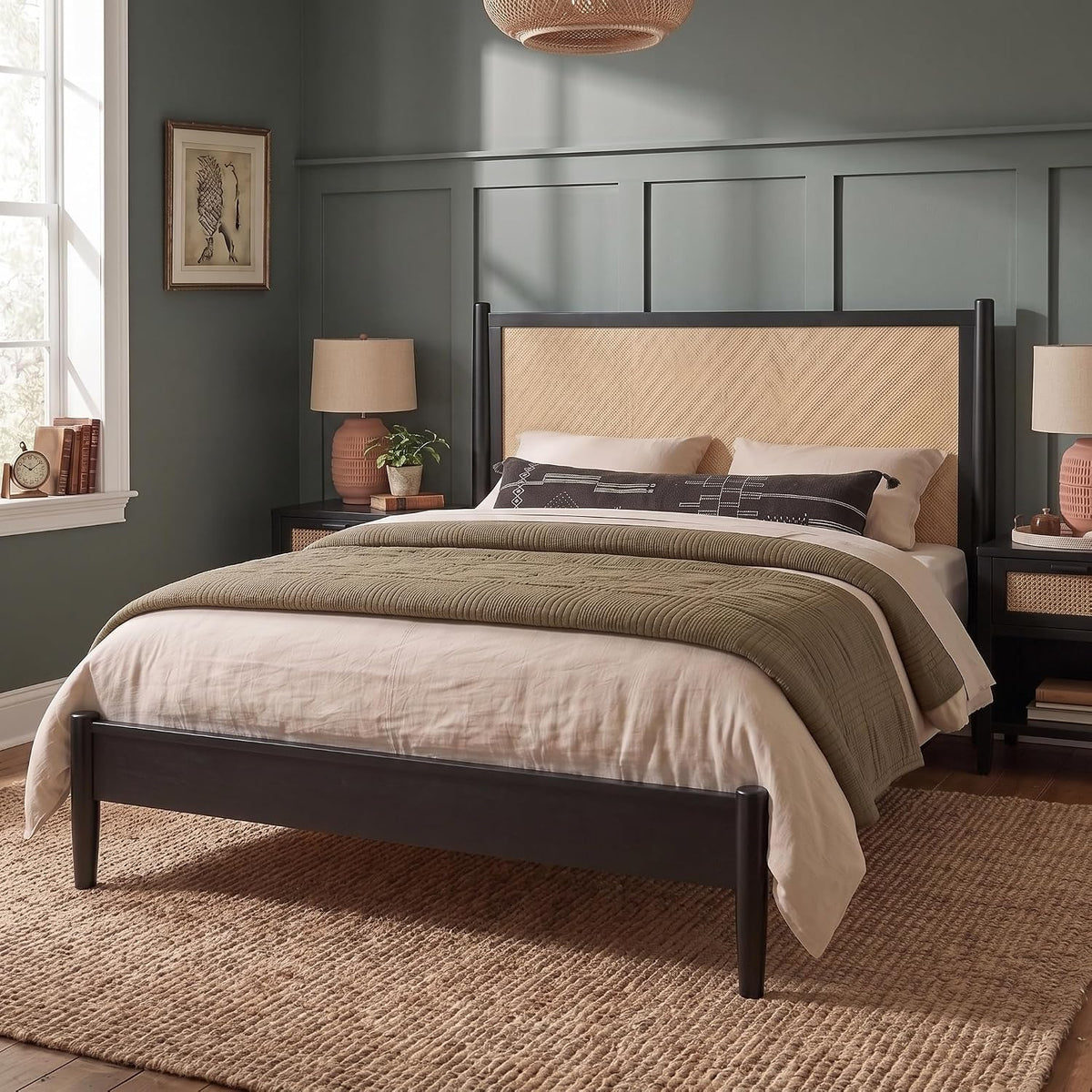 Merax Black Queen Size Platform Bed Frame with Rattan Headboard