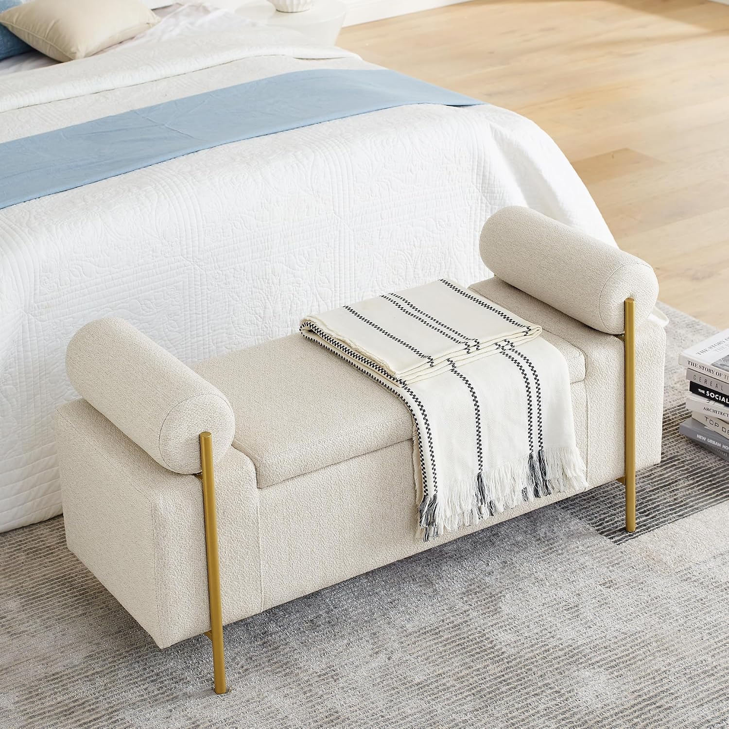 Storage Ottoman for Bedroom 44" with Safety Hinge, Upholstered Entryway Bench, Modern Linen Foot Rest with Arms,for Bedroom, Living Room, Entryway (Beige)